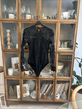 Black Sheer Lace Long-Sleeve Bodysuit